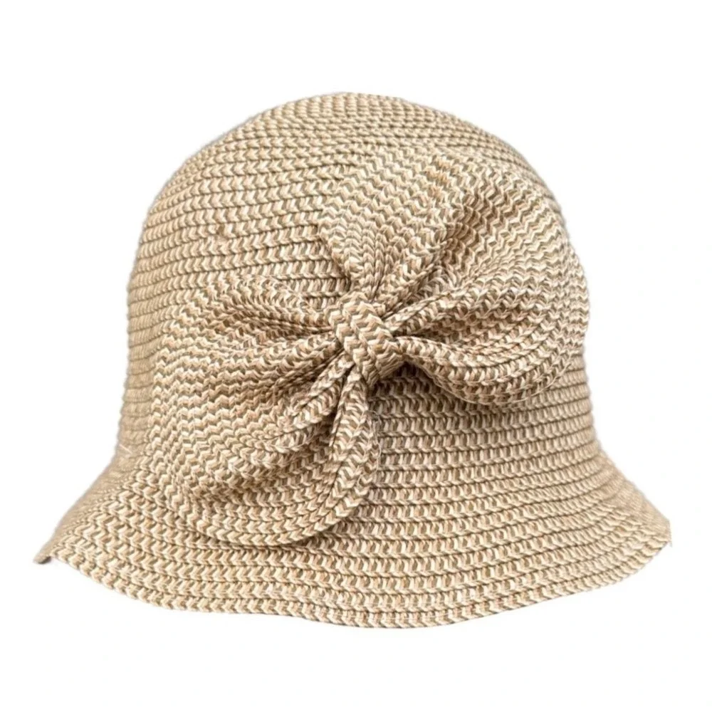 D&Y Tan Woven Paper Straw Cloche Hat with Side Bow Detail Vintage Style Sun Hat